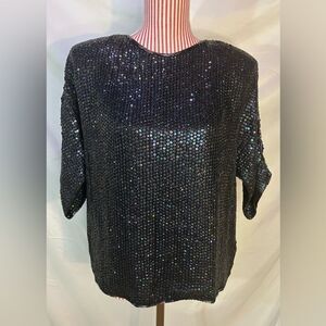 Vintage Black Beaded Blouse 100% Silk Sequin Rainbow Sparkly Retro 80s Sz Medium